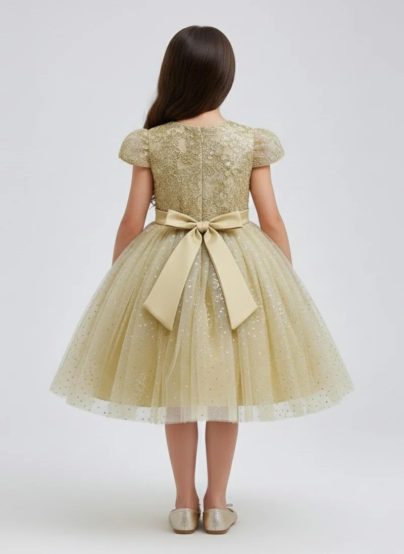 babyqlo Girls Gold Glitter Tulle Bow Party Dress